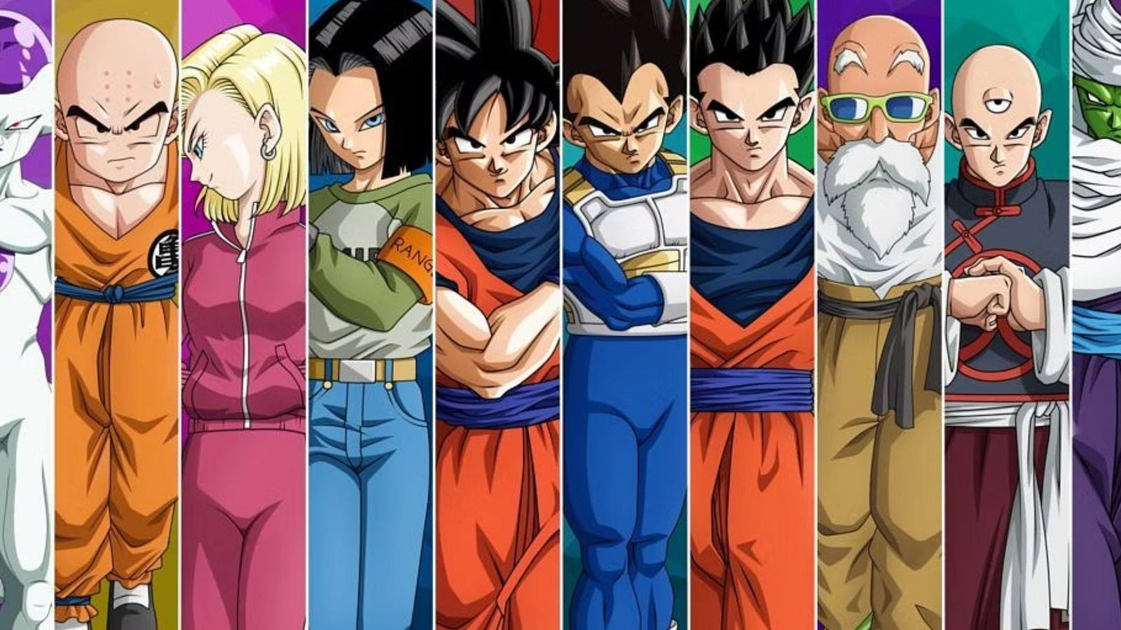 Promotional image of the Universe 7 Z Fighters during the Tournament of Power. Pictured left to right: Frieza, Krillin, Android 18, Android 17, Goku, Vegeta, Gohan, Roshi, Tien, Piccolo