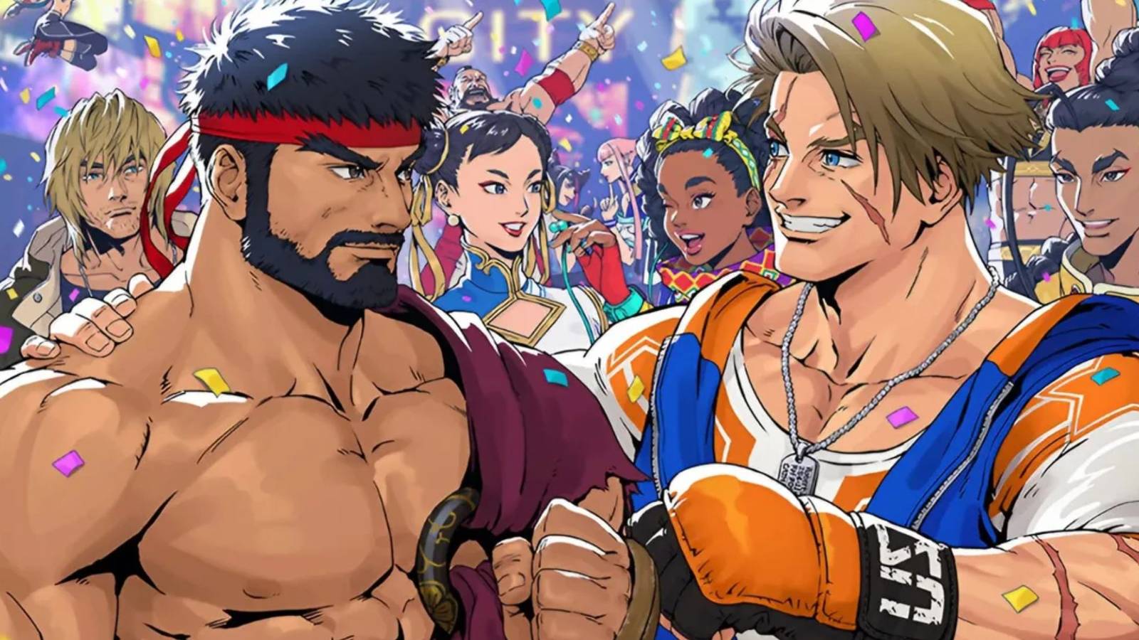 Official Street Fighter 6 promotional art celebrating the success of the game. Left to right: Ken, Ryu, Chun-Li, Zangief, Juri, Manon, Kimberly, Luke, Marisa, Jamie