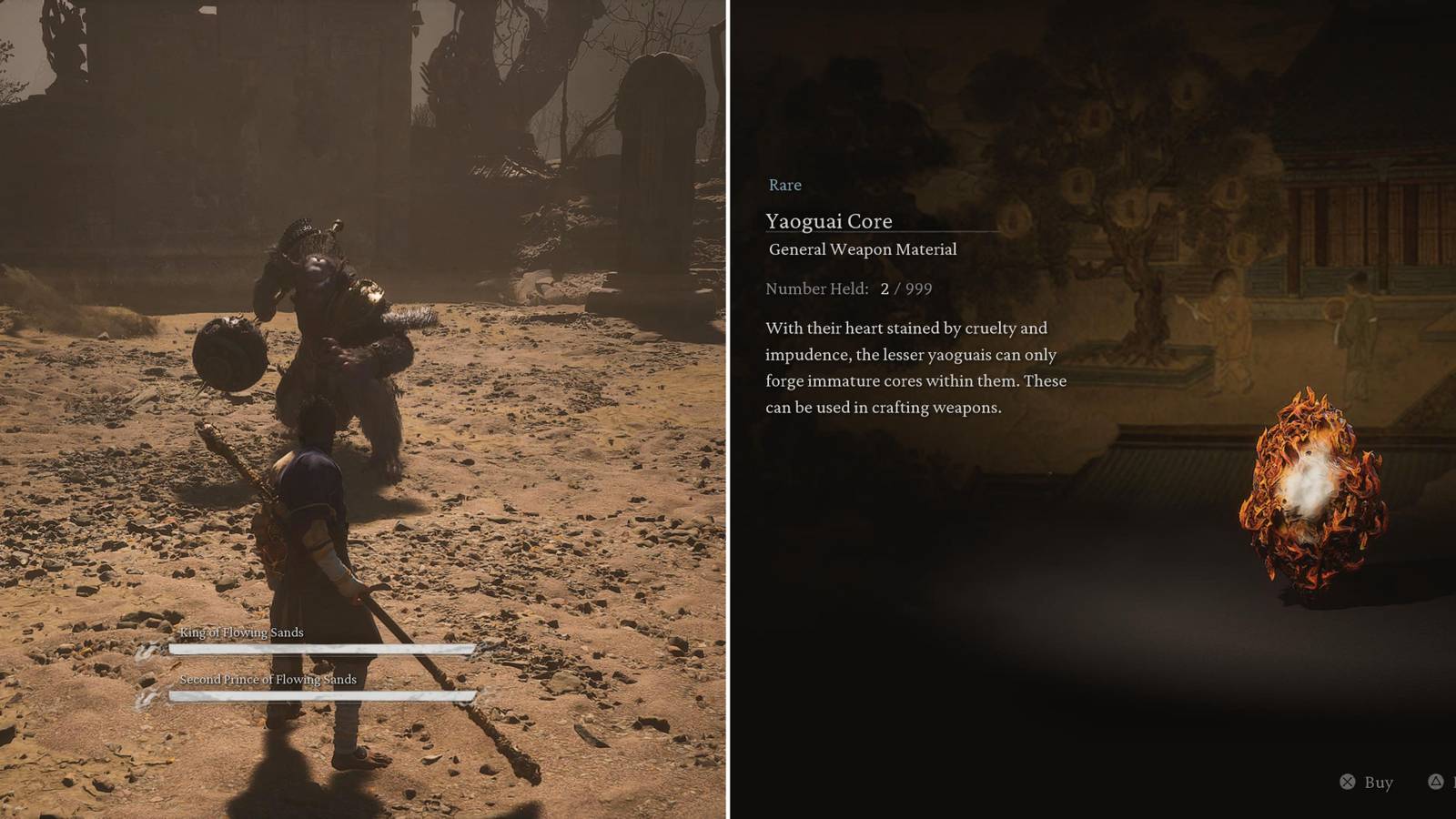 The Player Fighting A Boss & Yaoguai Cores In The Inventory 