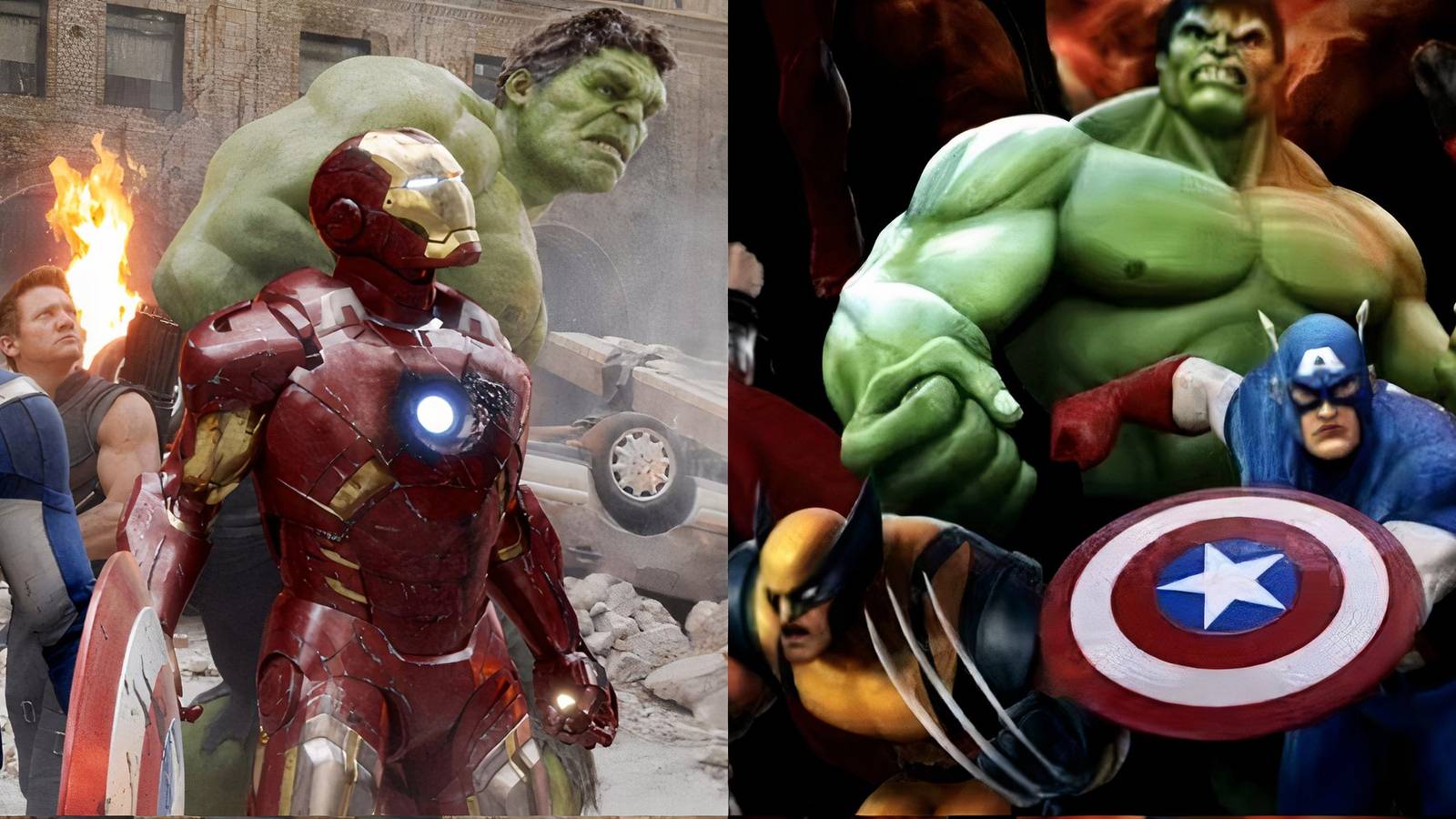 Hawkeye, Iron Man, Hulk, Wolverine, Captain America in two images