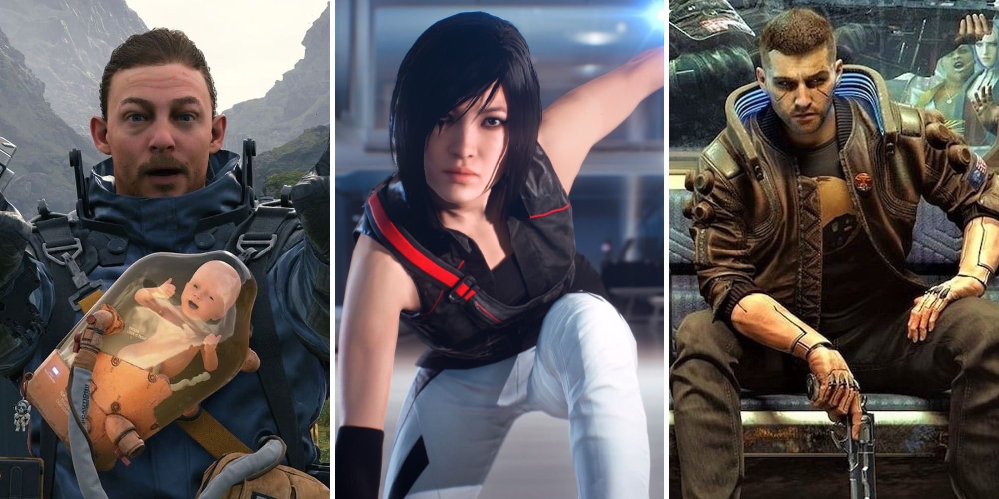 A grid of the cyberpunk games Death Stranding, Mirror’s Edge: Catalyst, and Cyberpunk 2077 