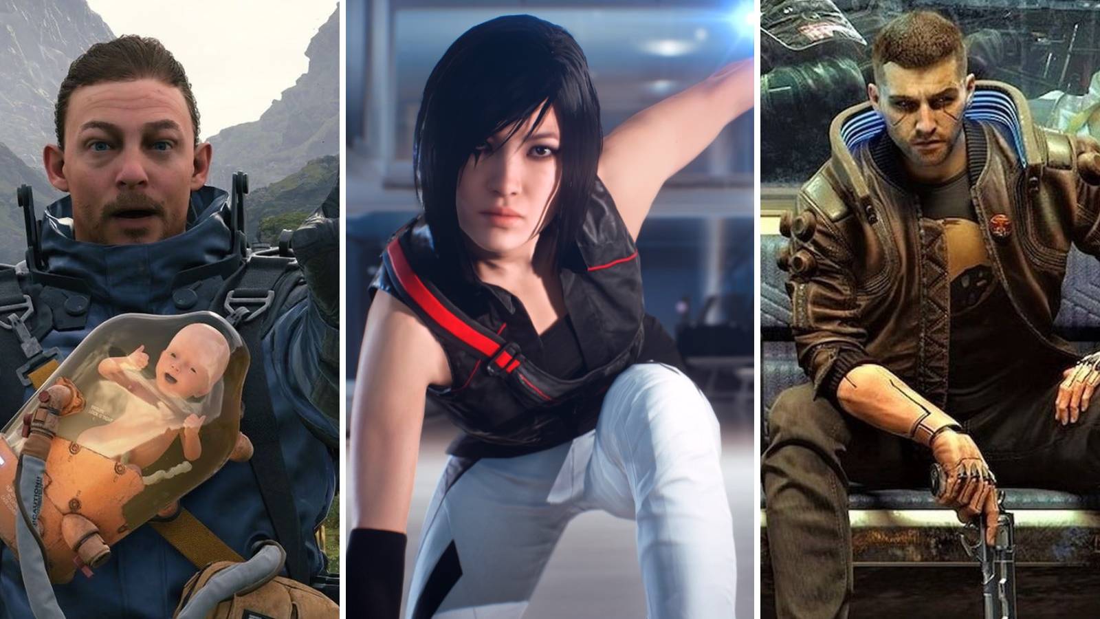 A grid of the cyberpunk games Death Stranding, Mirror’s Edge: Catalyst, and Cyberpunk 2077 