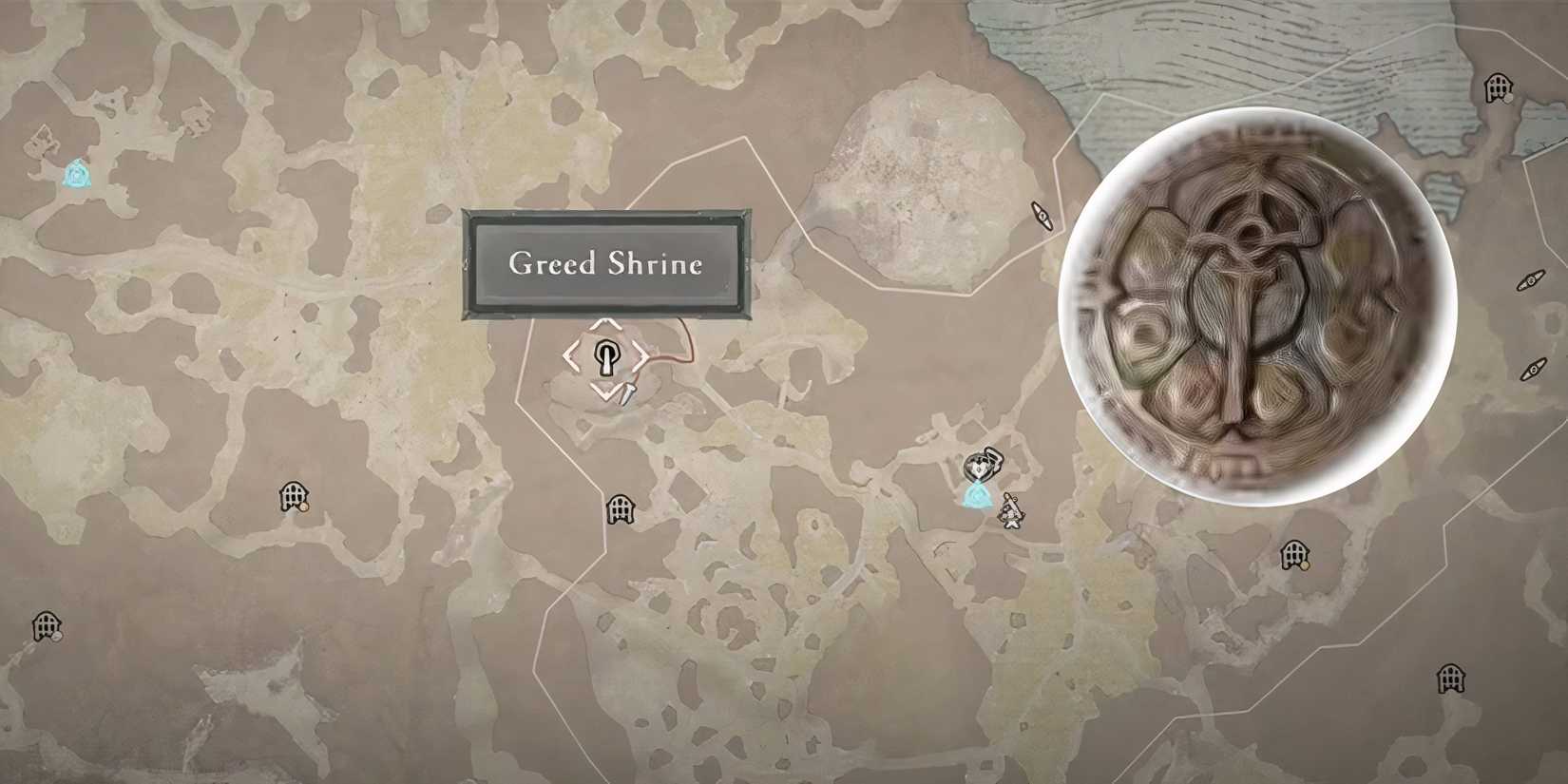 a greed shrine on a map with the lucky coin next to it