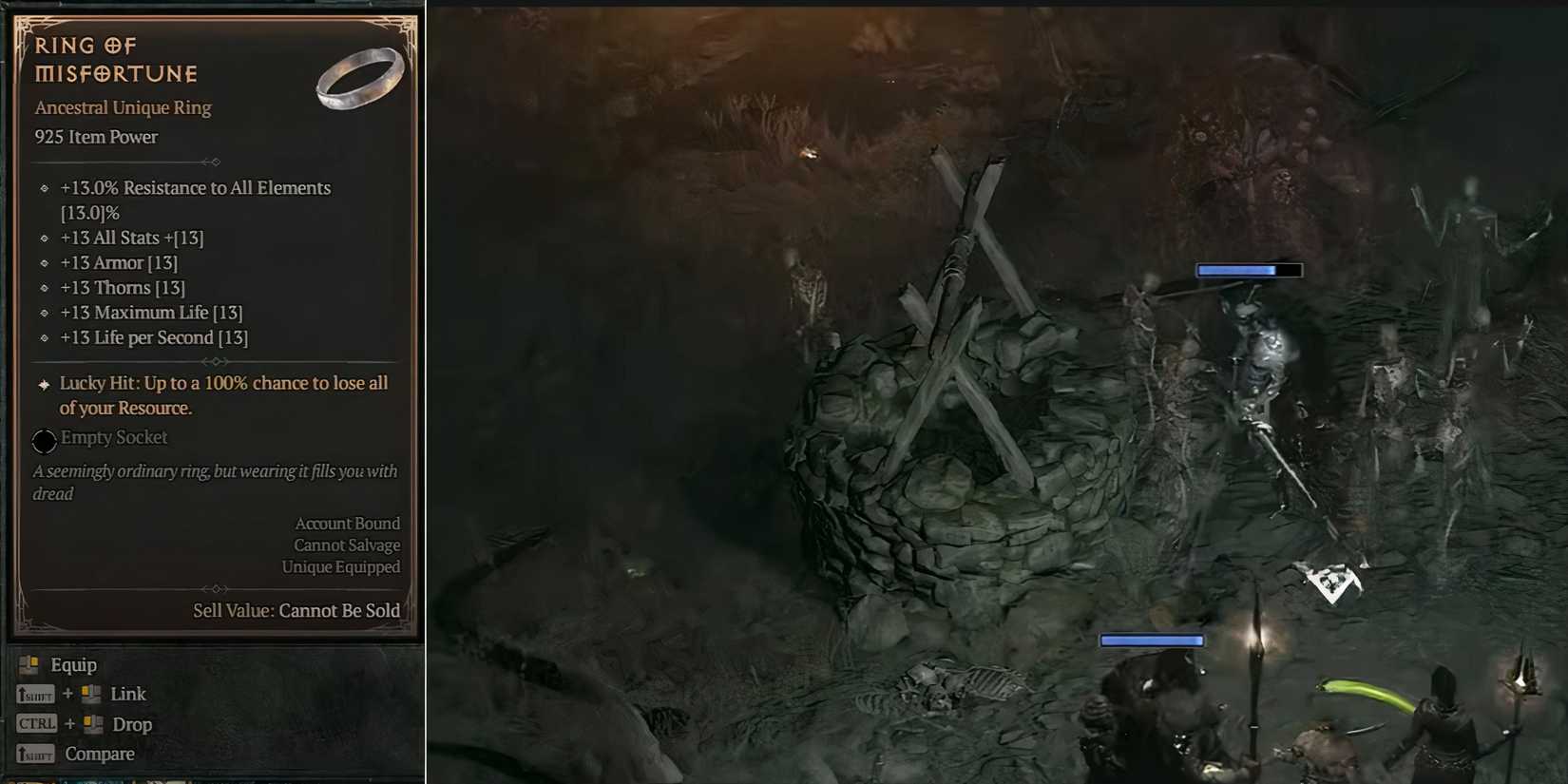 A screenshot of the Wishing Well, next to a capture of the Ring of Misfortune