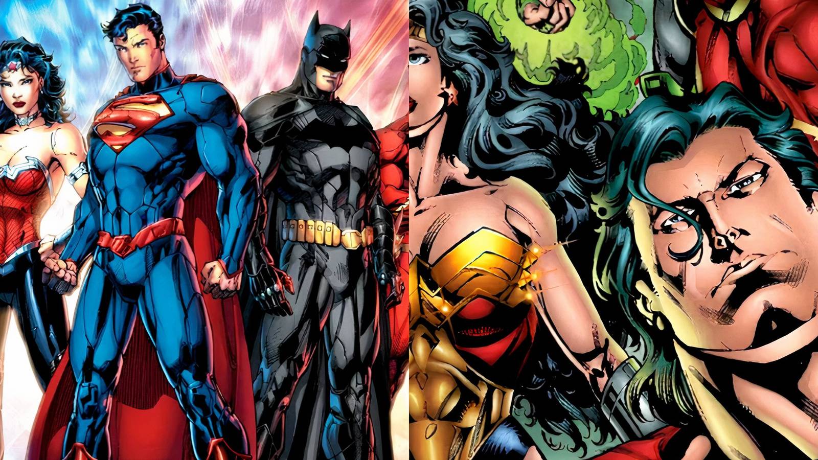 A split image of New 52 JLA (left) Grant Morrison JLA (right)