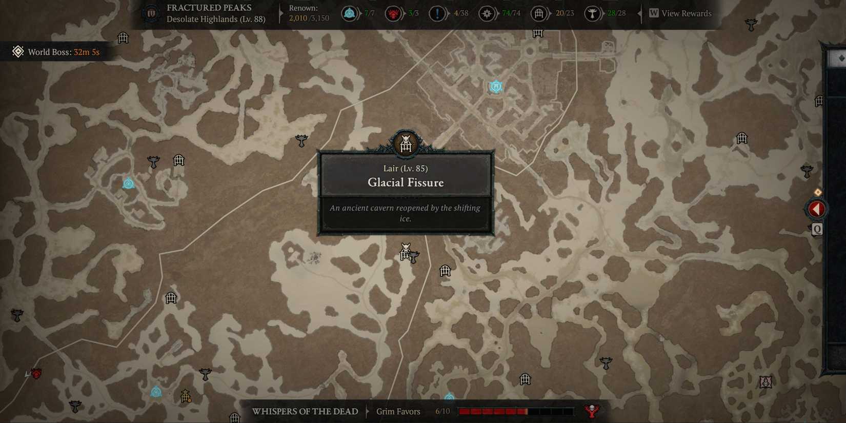 The glacial fissure in Fractured Peaks shown on a map