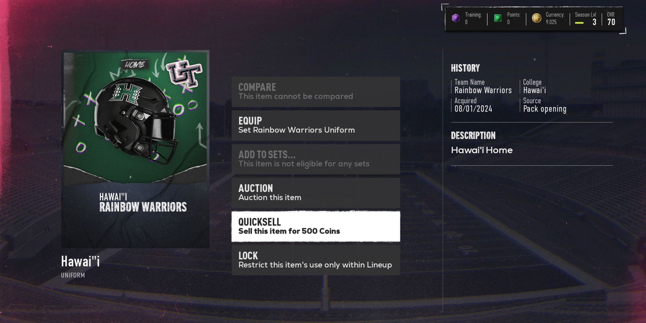 The sell card option in College Football 25's Ultimate Team mode