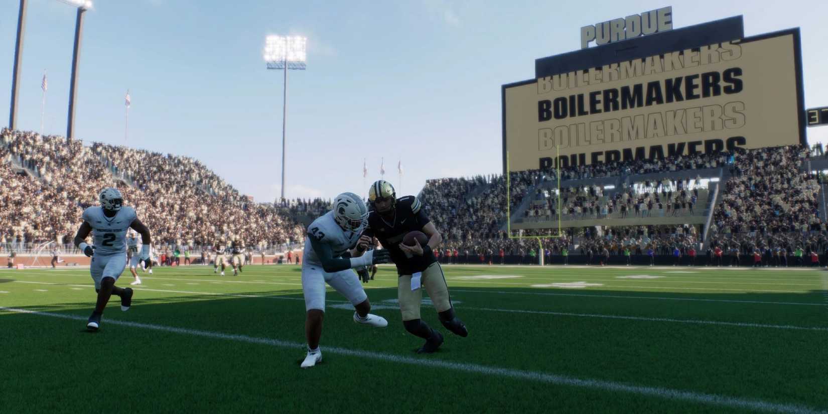 A quarterback being tackled in College Football 25