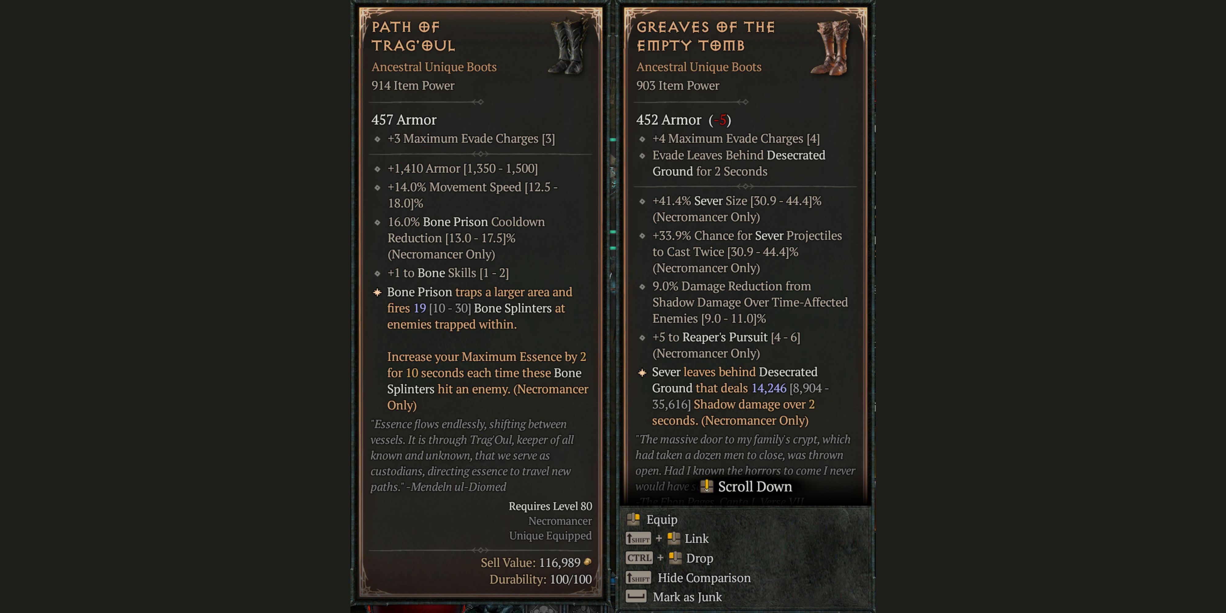 Greaves of the Empty Tomb and Path of Trag'oul Unique items dropped from Grigoire