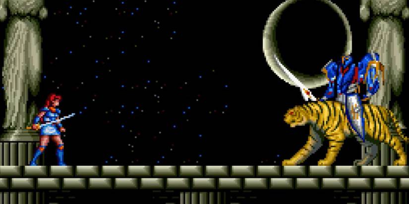 Valis From Super Valis IV Stands Facing A Dark Knight Riding A Tiger