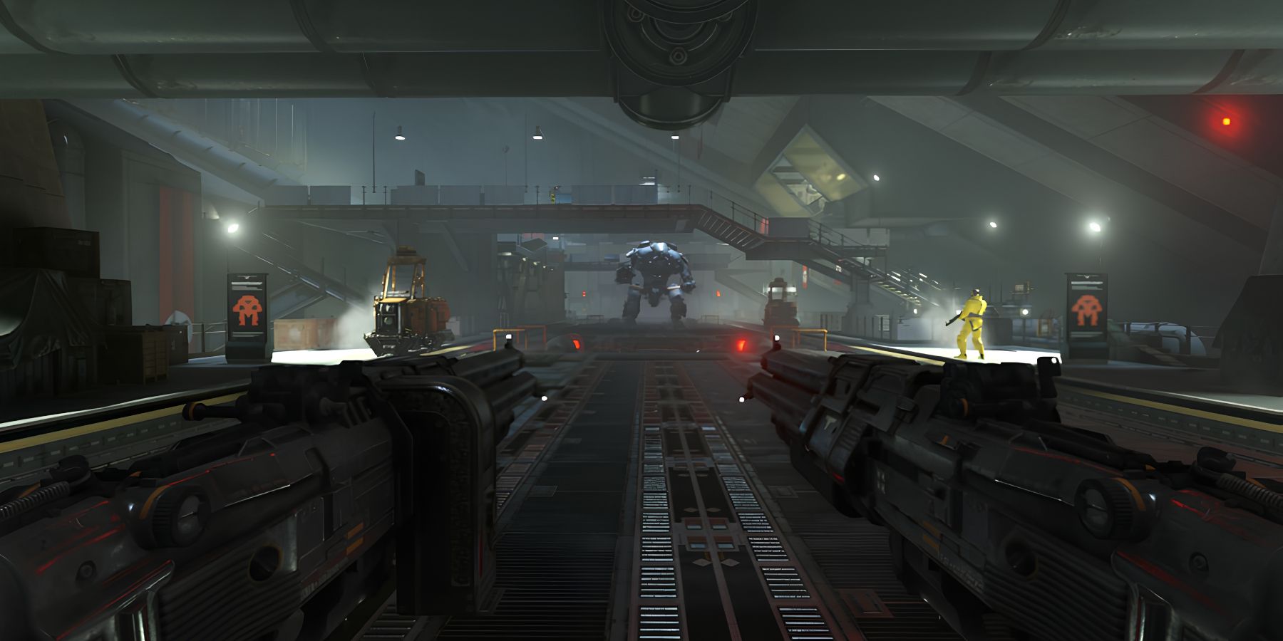 View from a dual-wielded weapon perspective inside a factory, facing a soldier and a robot in Wolfenstein 2