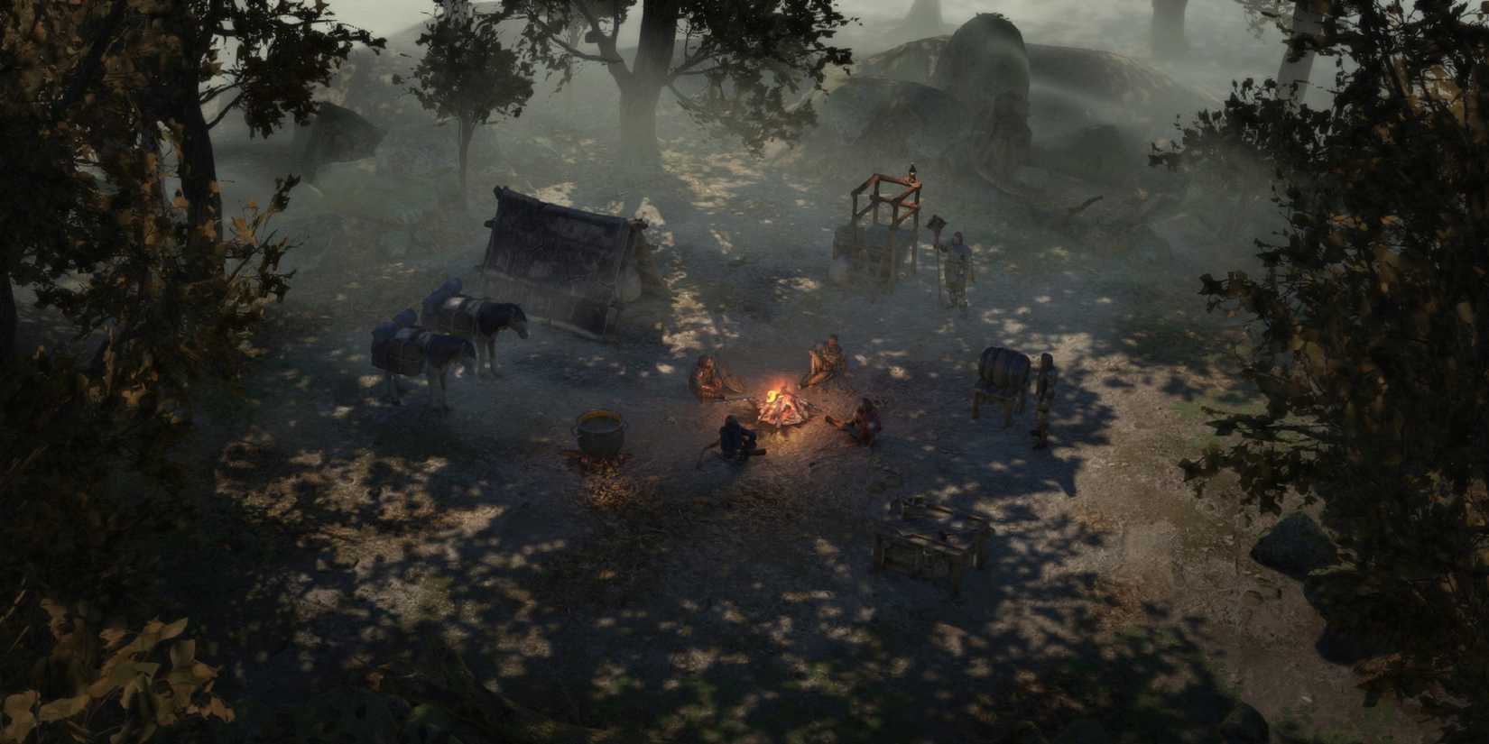 Heroes resting in a camp in Wartales