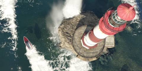 A boat on water in GTA 5 with a red-white lighthouse on the right