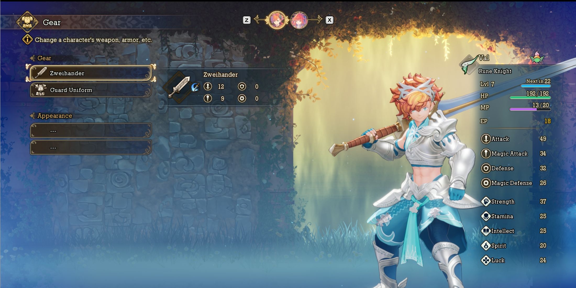 weapon and armor menu in visions of mana