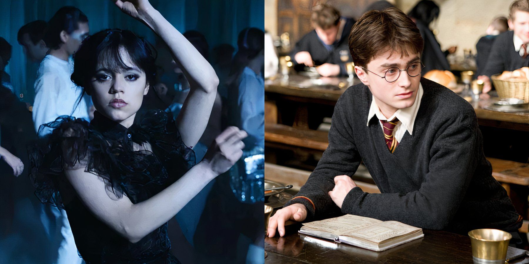 Split image of Jenna Ortega in Wednesday and Daniel Radcliffe in Harry Potter