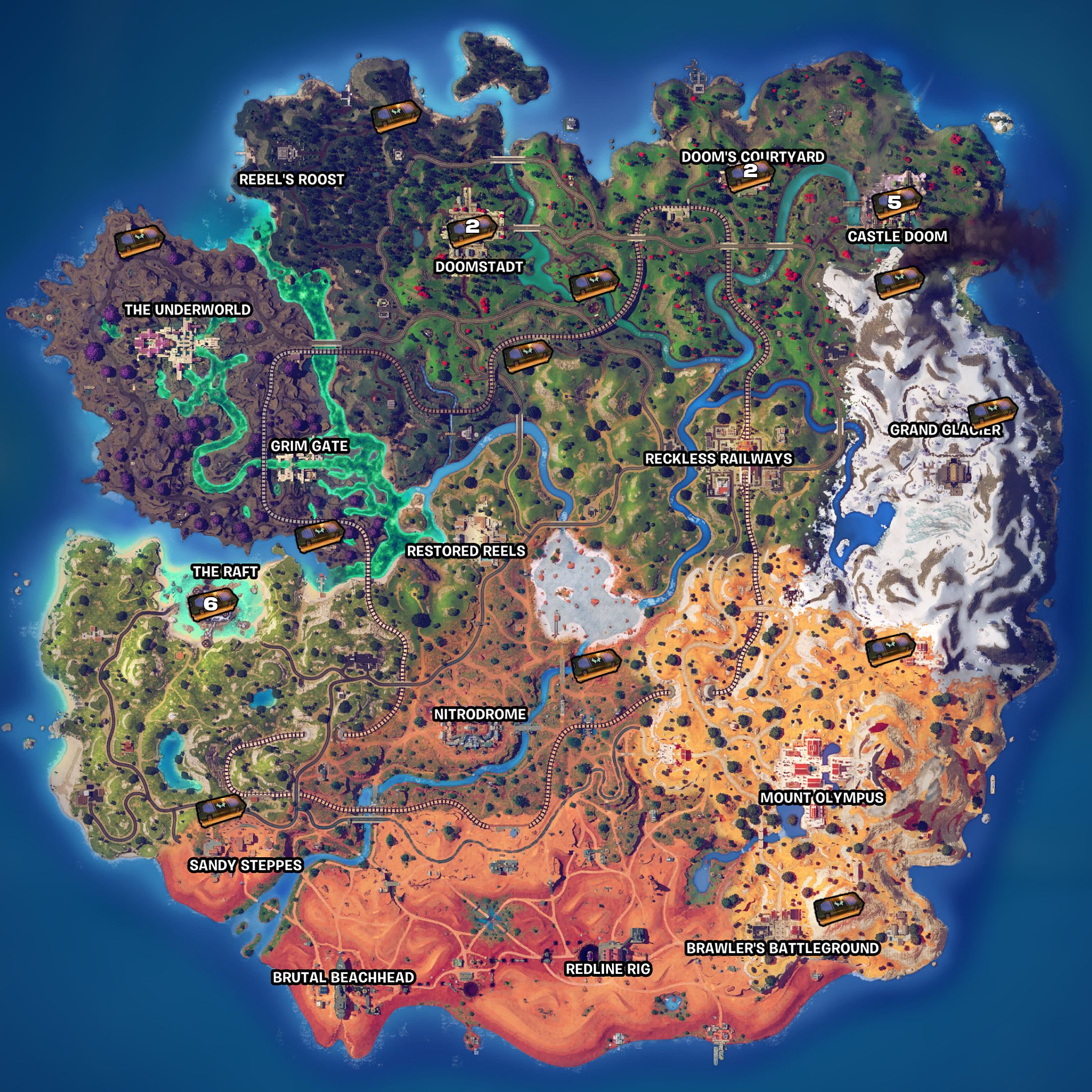 Map overview showcasing all the Dr. Doom Chest locations in Fortnite 