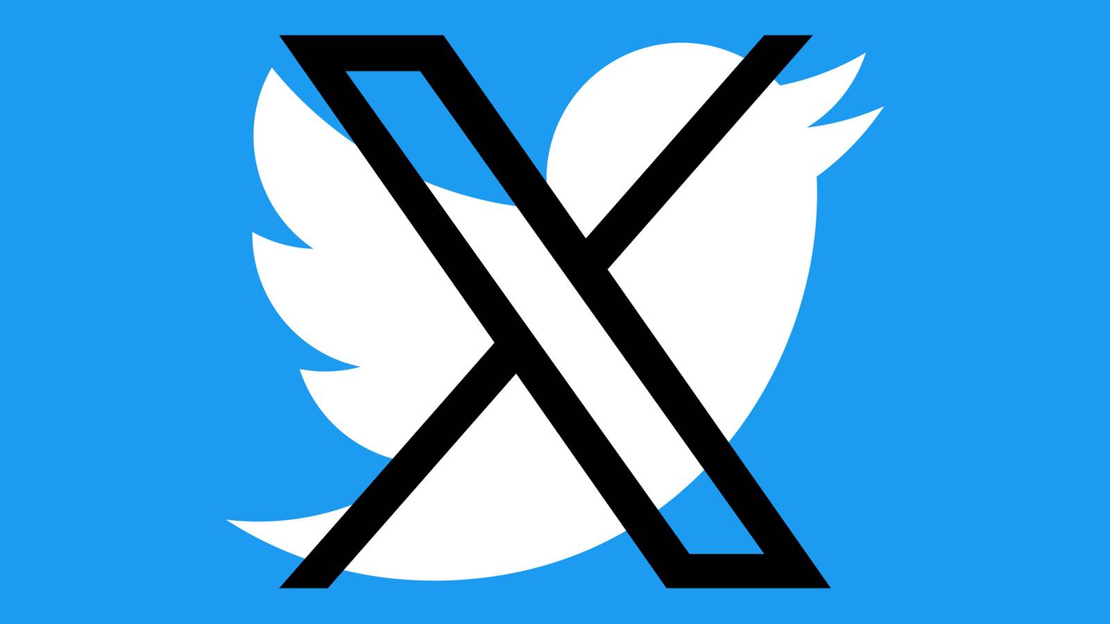white Twitter logo on blue background crossed out with X logo composite