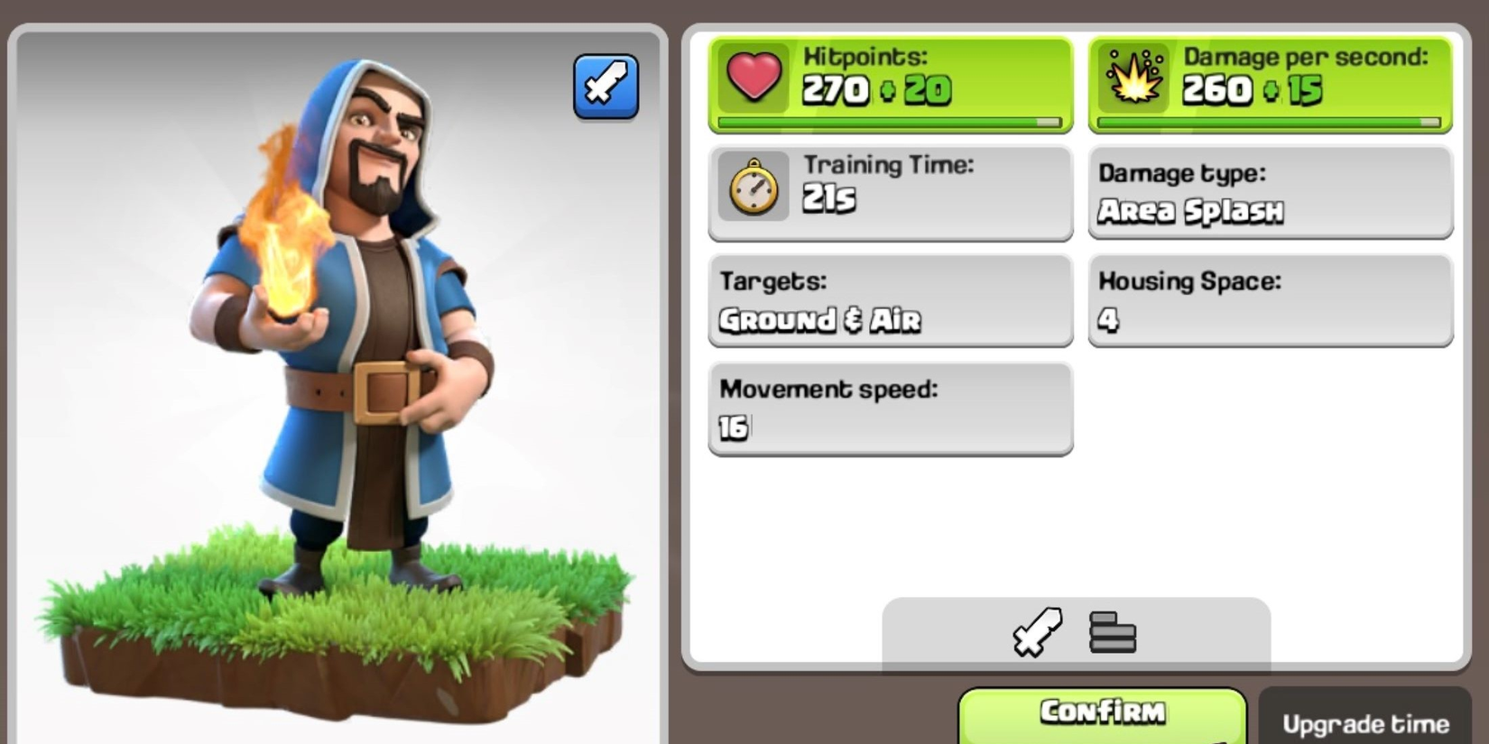 Wizard holding a fireball standing on grass beside a display of its statistics in Clash of Clans