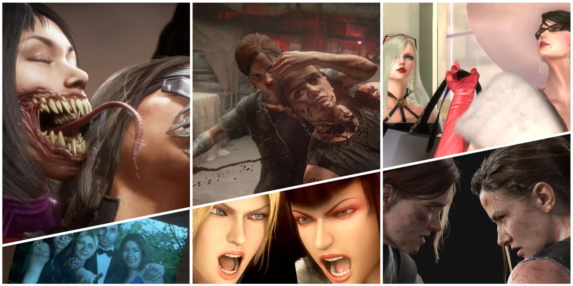 Women fighting in Mortal Kombat, Bayonetta, The Last of Us Part 2, Tekken and Until Dawn