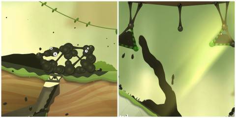 Split image of the bridge being created and goo being released in the Juicer level of World of Goo 2