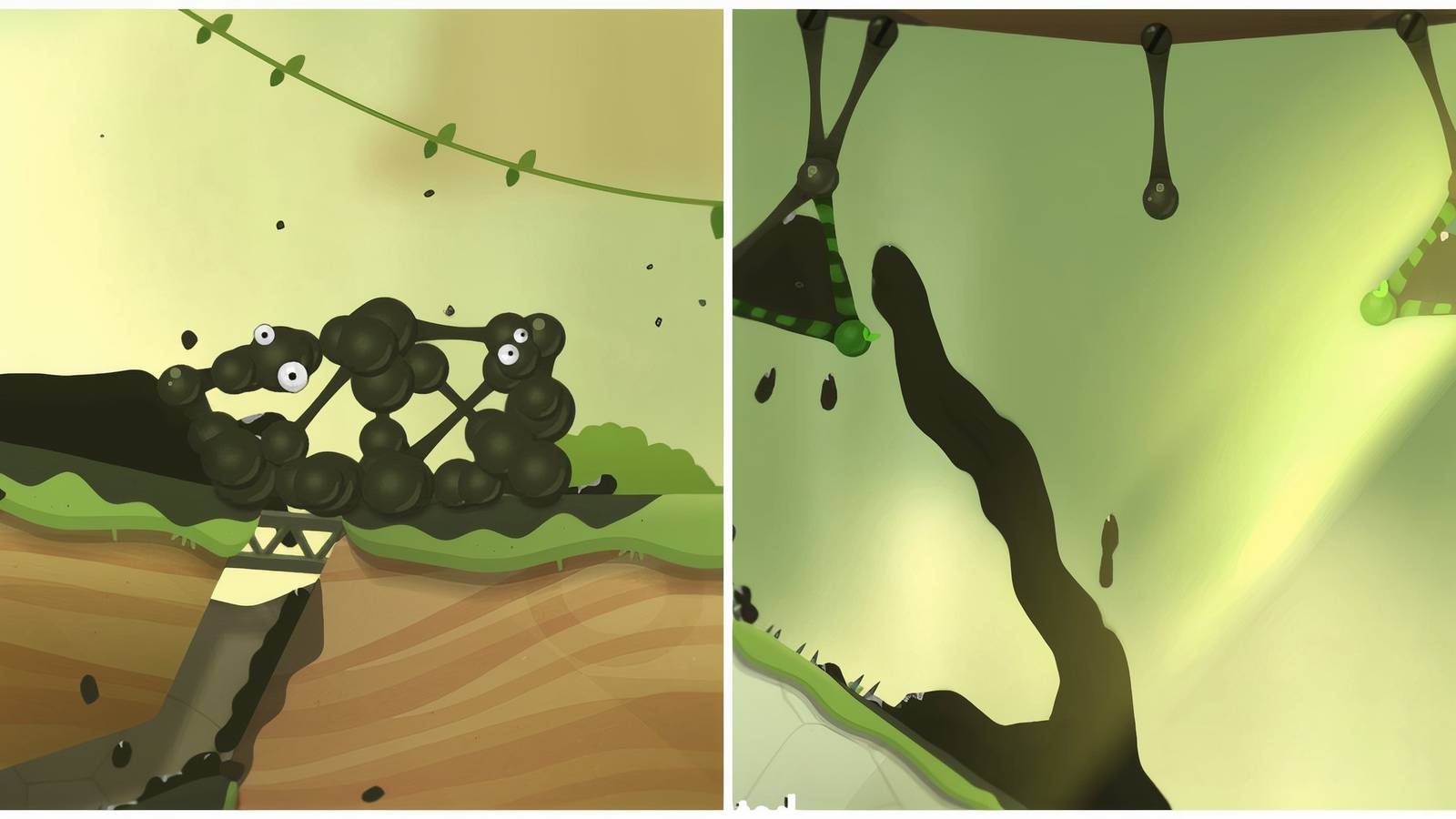 Split image of the bridge being created and goo being released in the Juicer level of World of Goo 2