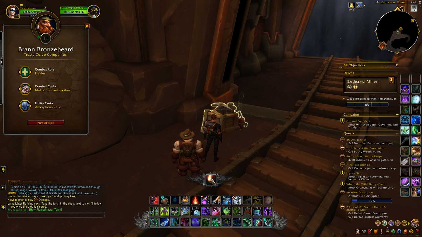 wow the war within player examining Branns equipment