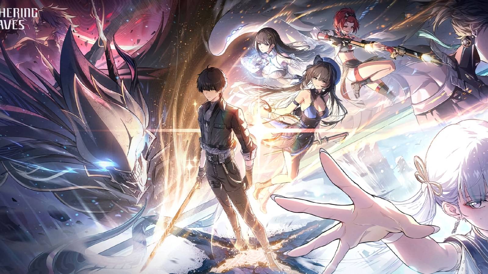 A promotional visual for Wuthering Waves showing multiple members of the game's main cast.