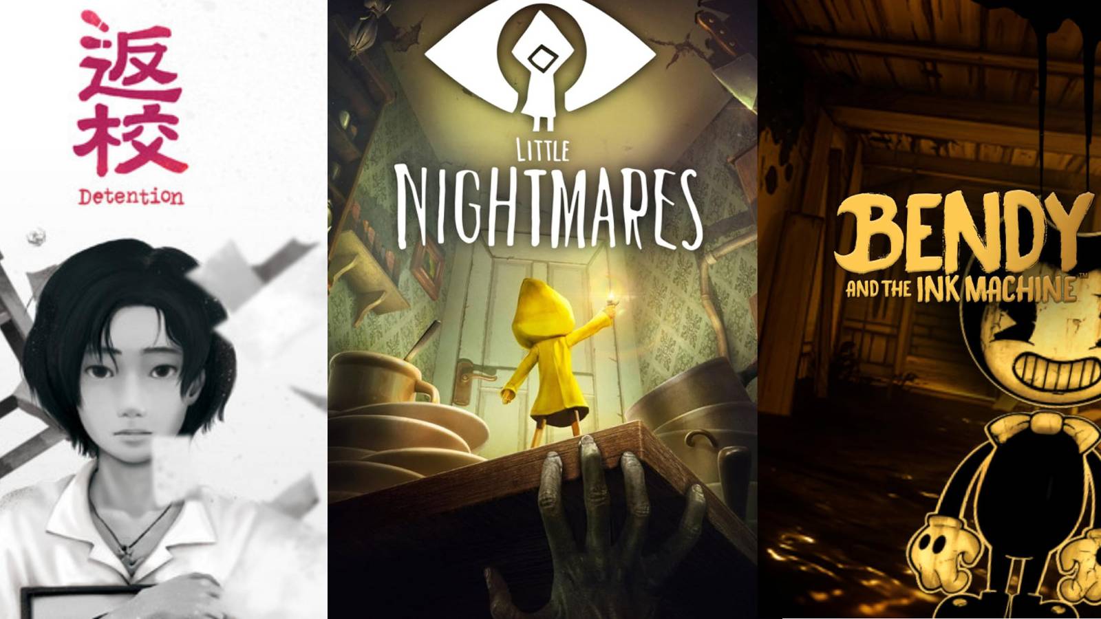 X Best Horror Games With Stylized Graphics split image with cover art for Detention, Little Nightmares, and Bendy and the Ink Machine