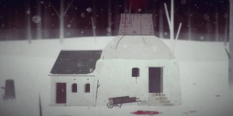A cabin in the snowy woods with blood stains on the ground surrounding it