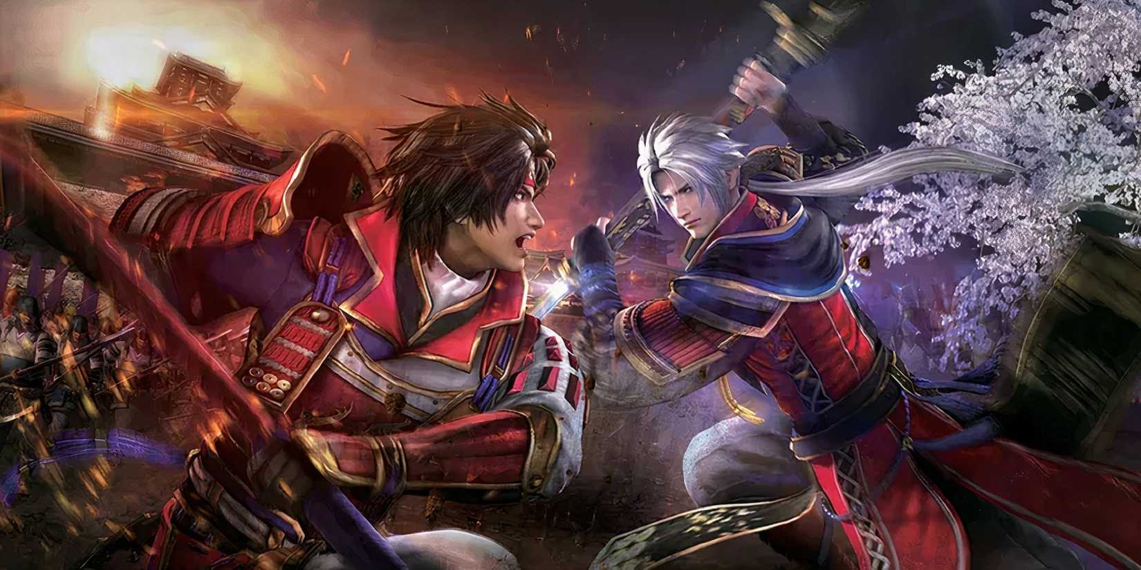 Yukimura Sanada and Nobuyuki Sanada holding their spears in red armor, in a face off, in SW4.