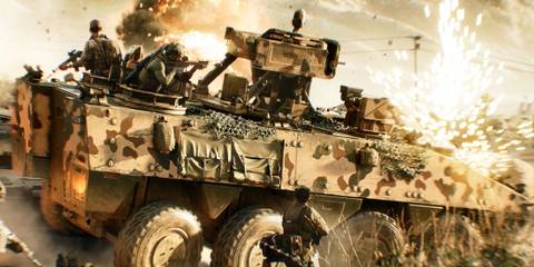 An armored vehicle charges into battle amidst explosions in the chaotic warfare of Battlefield 2042