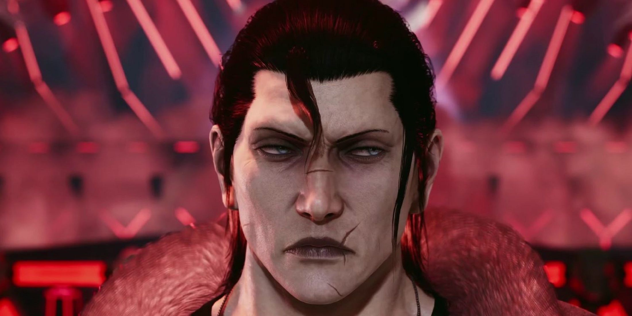 Close-up of Sergei Dragunov from Tekken 8, displaying a stern and intense expression.