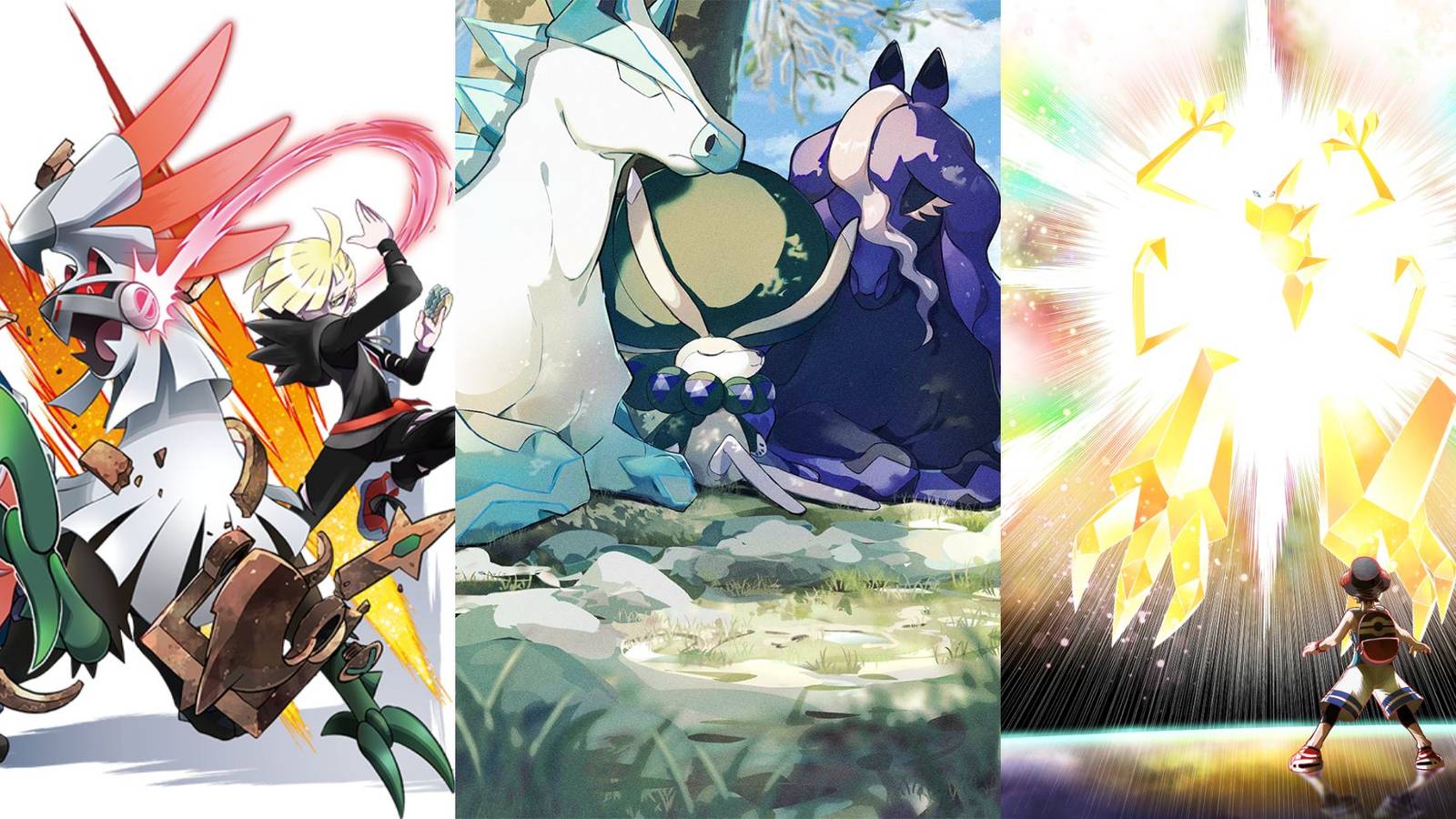 A collage of 3 powerful Legendary Pokemon with solid signature abilities: Silvally's RKS System, Calyrex's As One and Ultra Necrozma's Neuroforce.