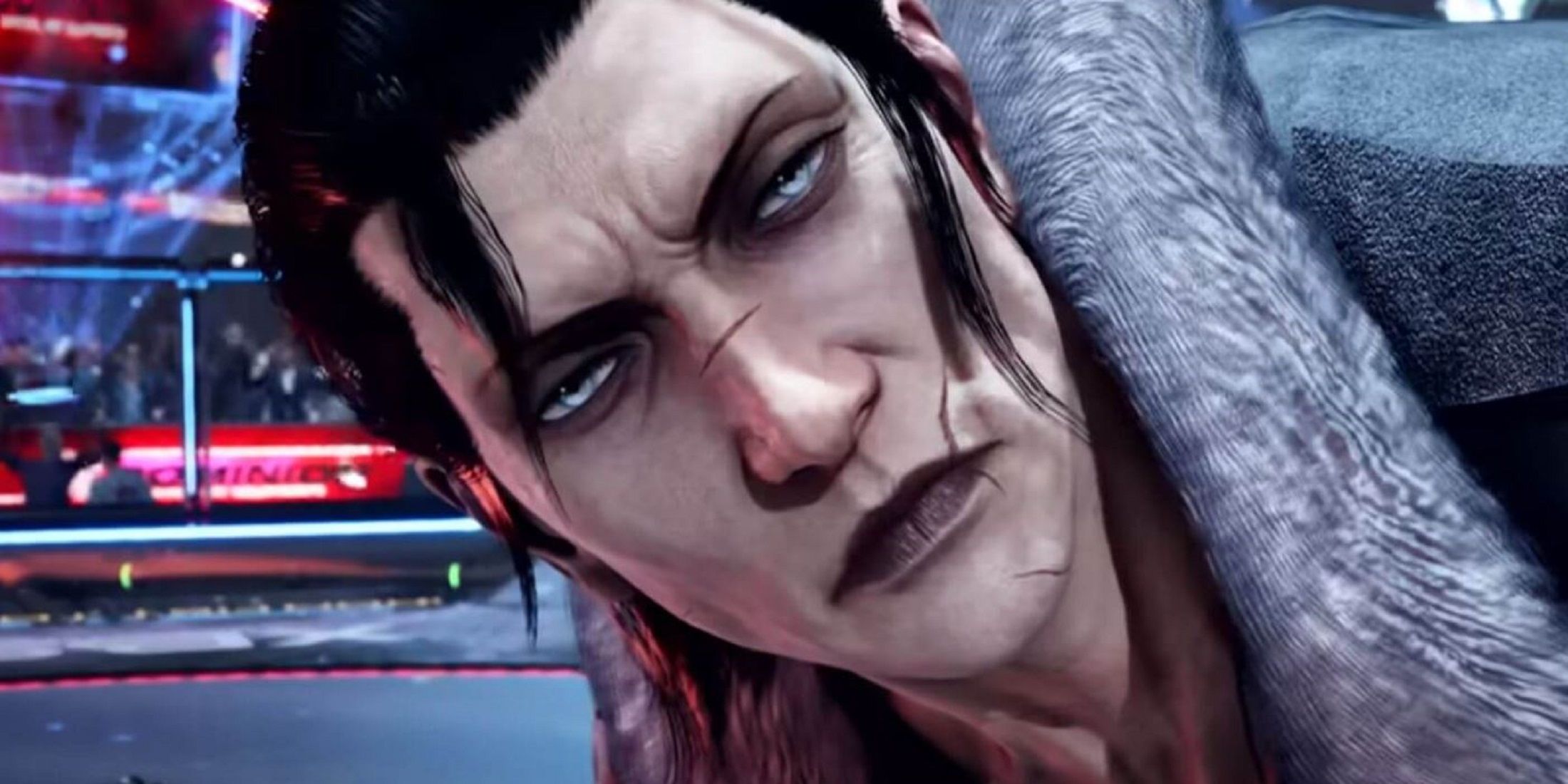 Close-up of Sergei Dragunov from Tekken 8 with an intense and focused expression.