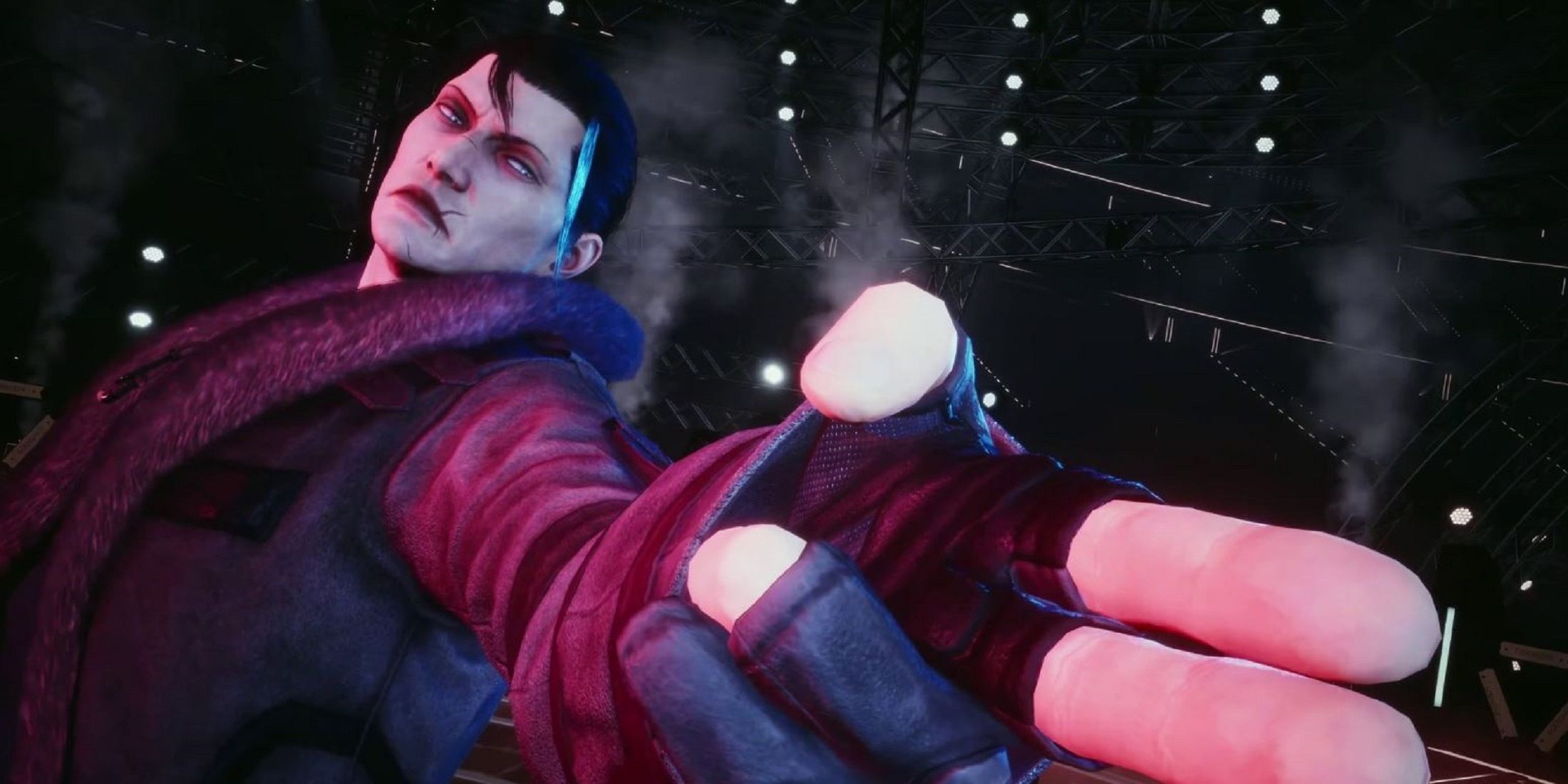 Sergei Dragunov from Tekken 8 striking a commanding pose with an outstretched hand, highlighting his gloved fingers and intense expression