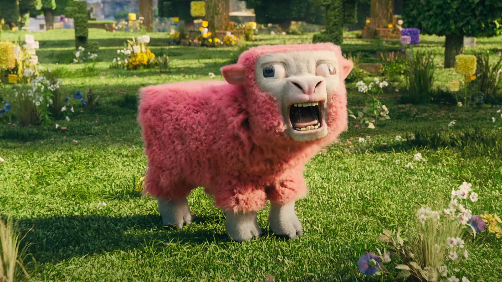 A screenshot from the Minecraft Movie teaser showing a Pink Sheep standing on grass