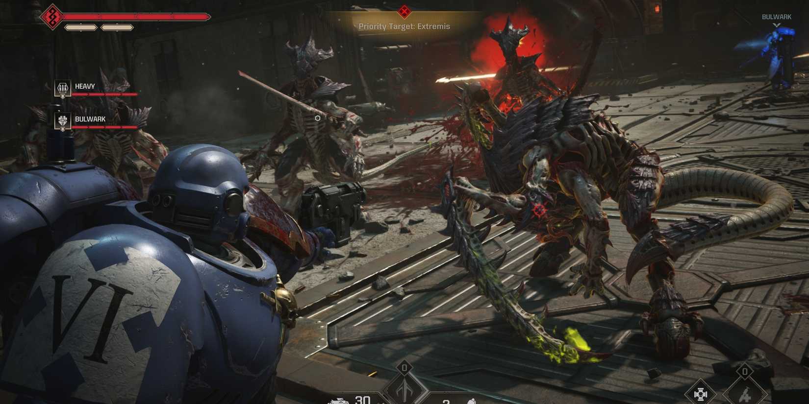 an ultramarine uses a gun strike on a tyranid