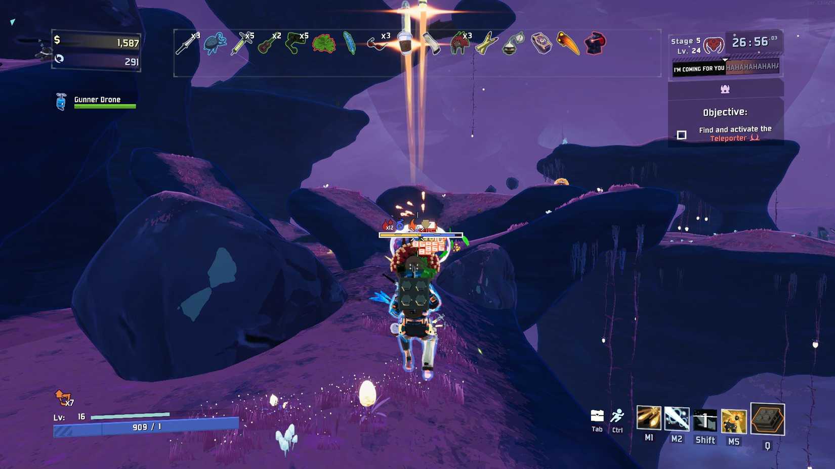 Commando triggering on-hit effects in Risk of Rain 2