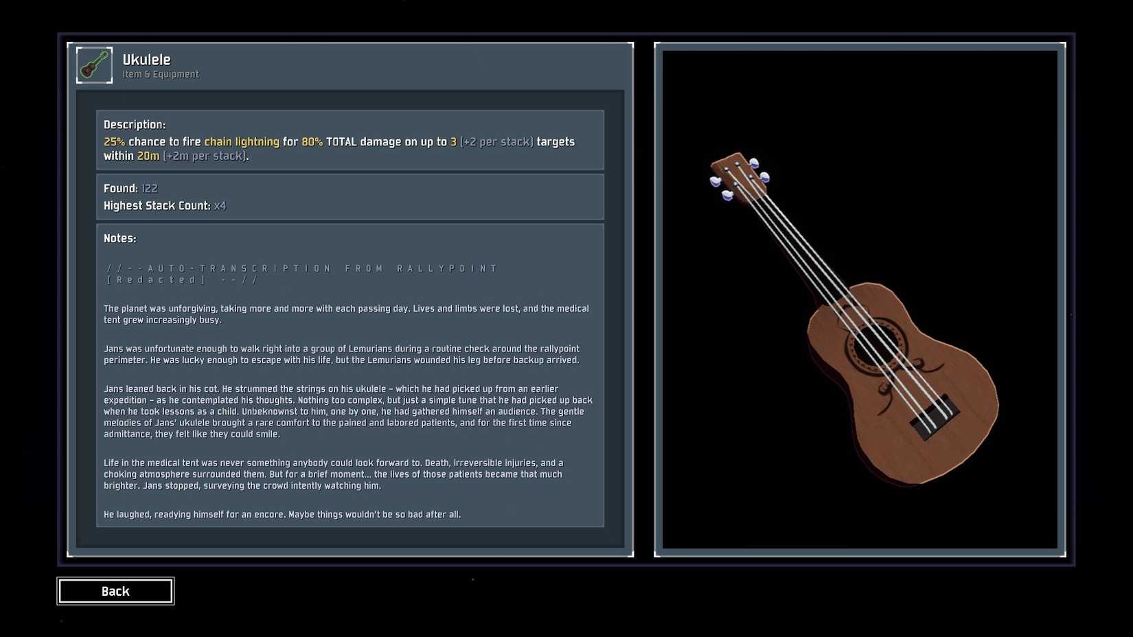 The Ukulele in Risk of Rain 2's logbook