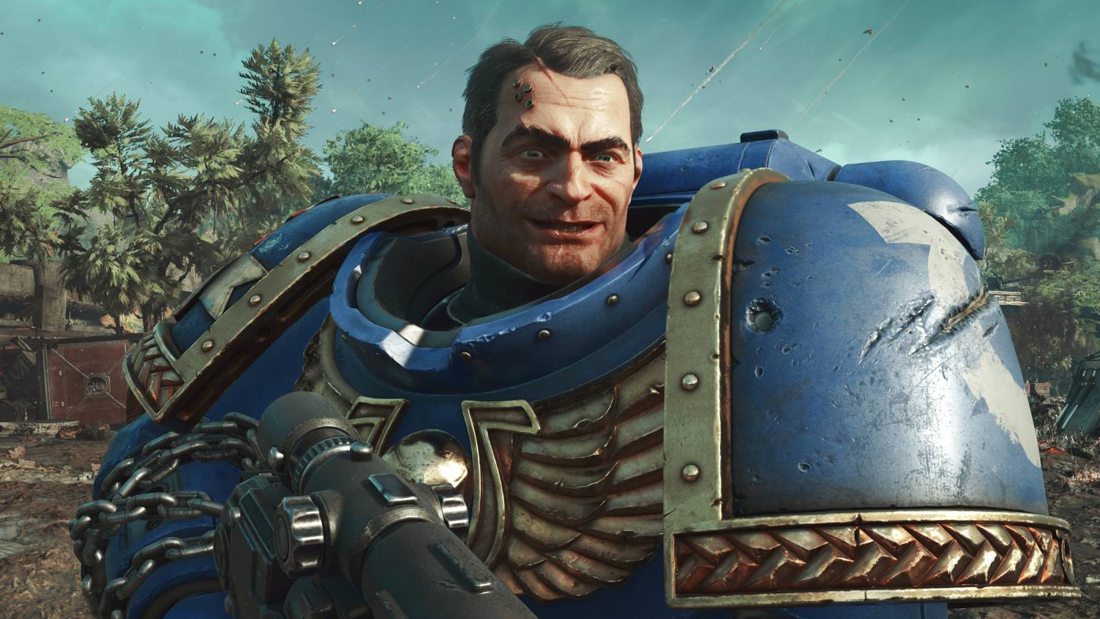 titus grinning in space marine 2's photo mode