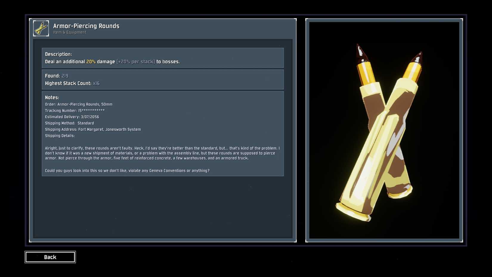 Logbook entry for Risk of Rain 2's Armor Piercing Rounds