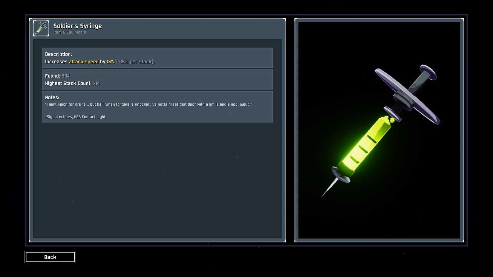 Soldier's Syringe in Risk of Rain 2's logbook