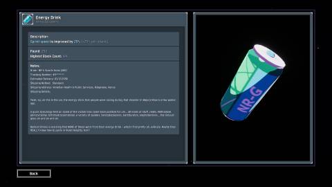 Energy Drink's logbook entry in Risk of Rain 2