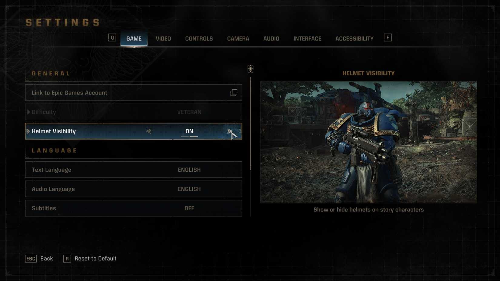 The Helmet Visibility toggle in Space Marine 2