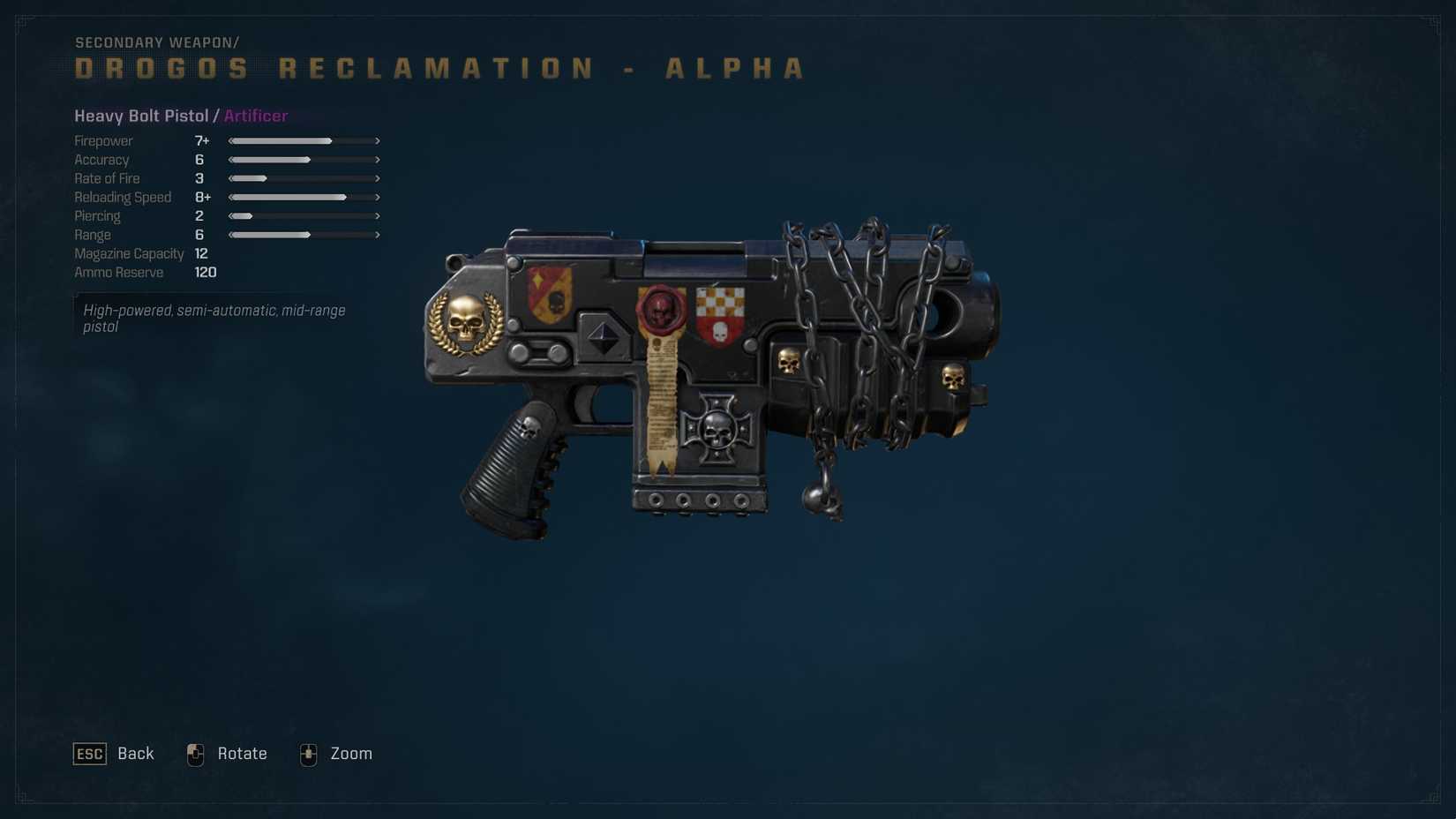 An Artificer-tier Heavy Bolt Pistol in Space Marine 2