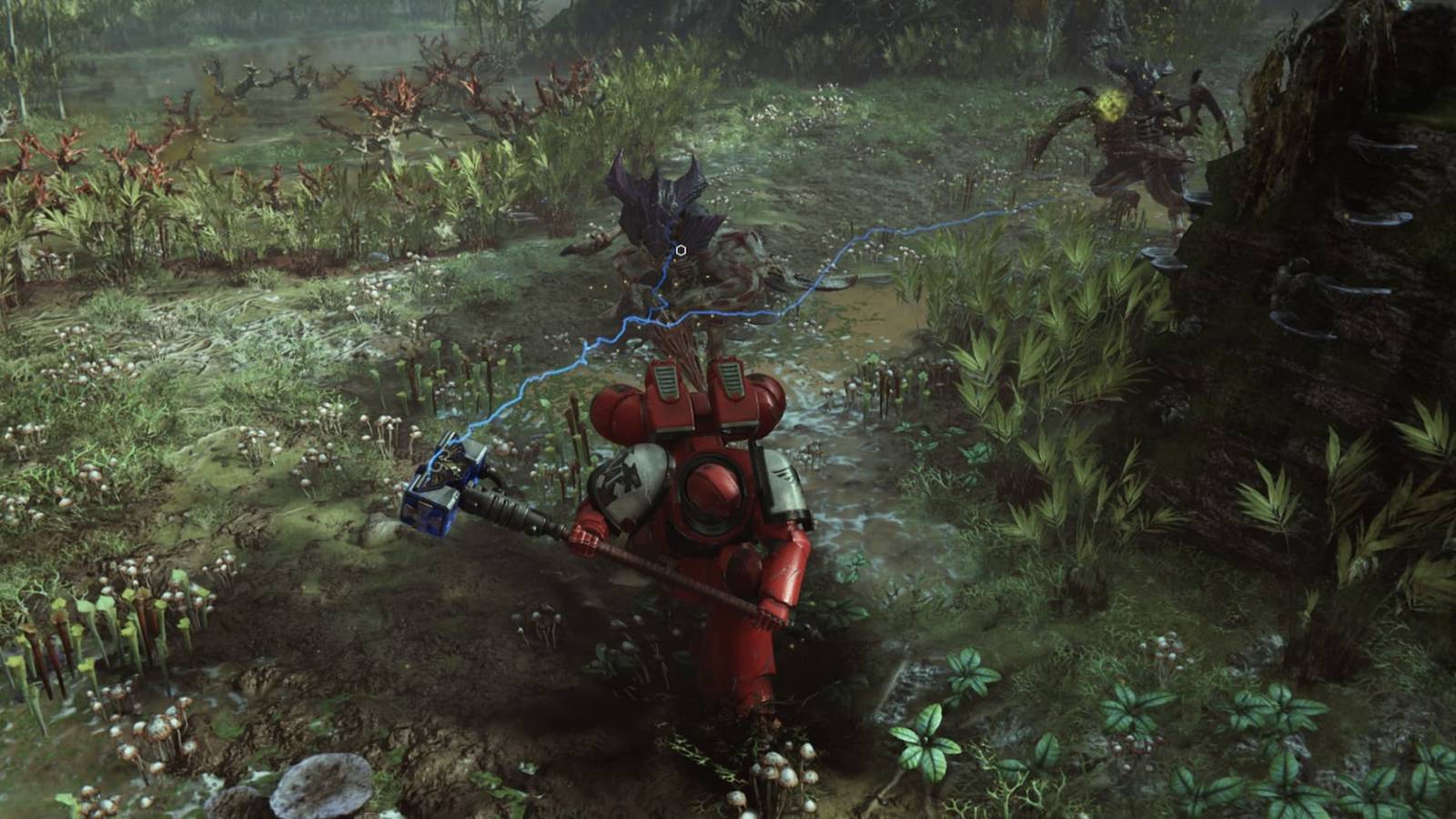 An Assault marine charging a thunder hammer in Space Marine 2