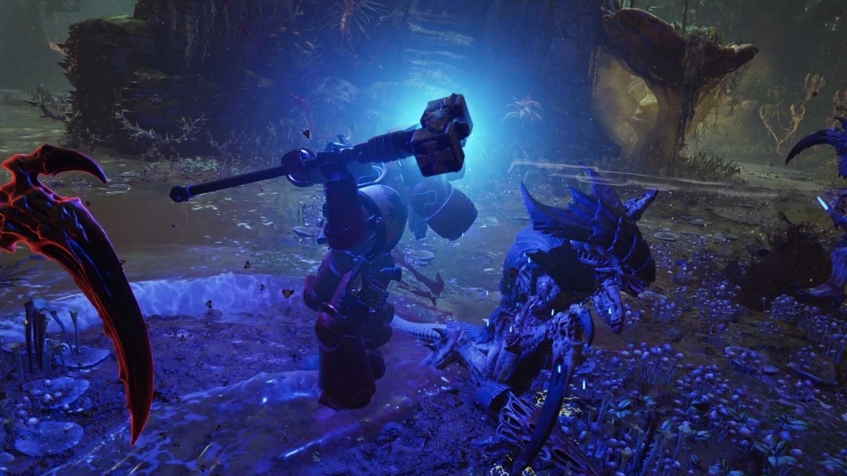 Assault marine smashing a Tyranid with a thunder hammer in Space Marine 2