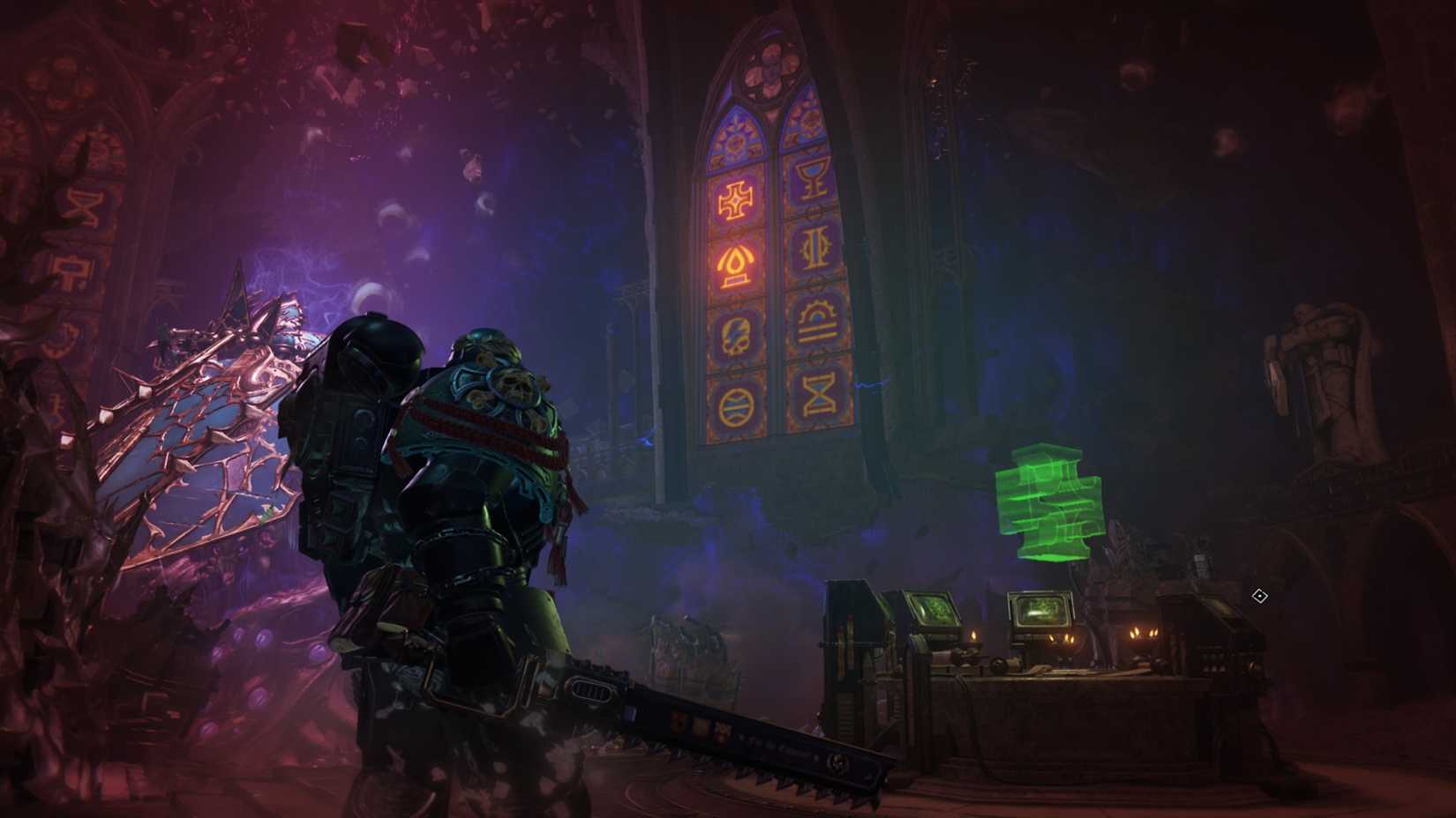 Glowing symbols during the Reliquary boss fight in Space Marine 2