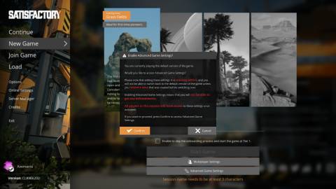 Warning when activating Advanced Game Settings in Satisfactory 