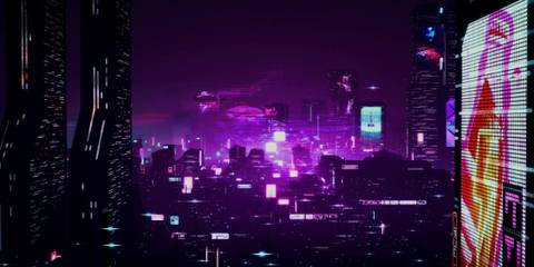 Dystopika city lit in purple